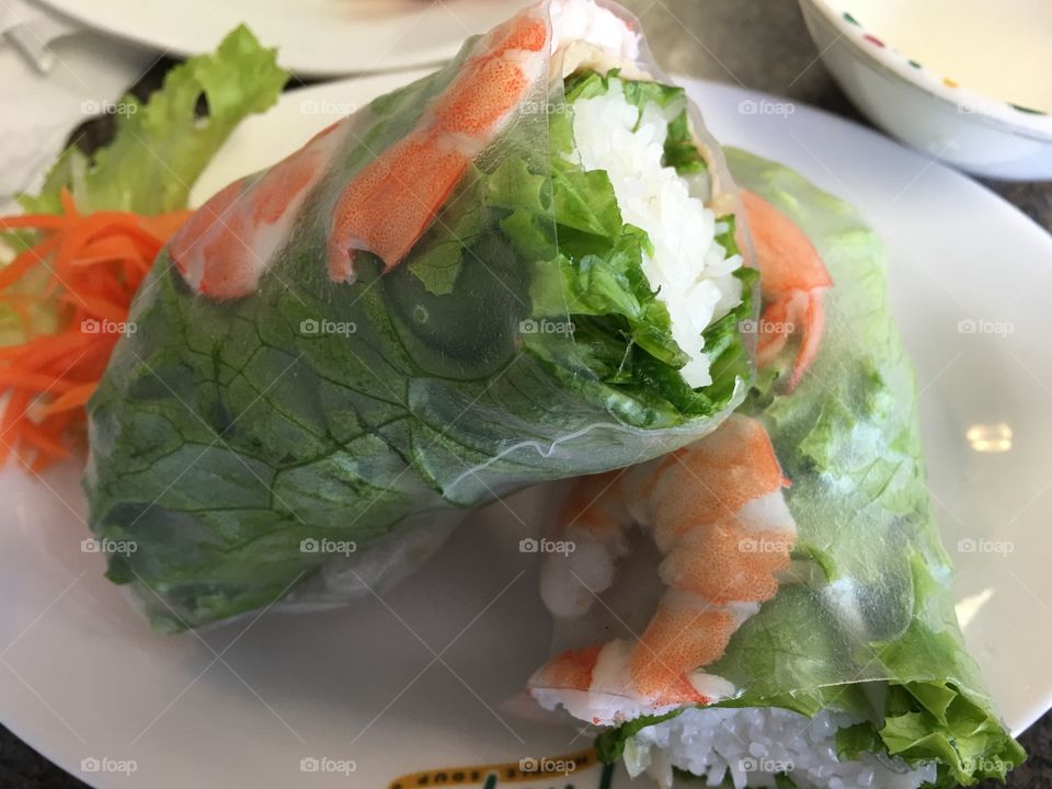 Vietnamese Spring roll with prawns, lettuce, rice, veggies, rice paper, healthy, closeup