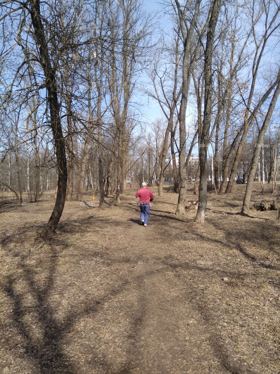 people running in the solar park spring time