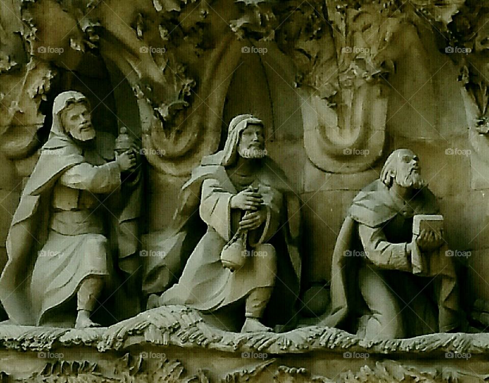 Three Wise Men Detail. Detail on Nativity Facade Sagrada Familia, Barcelona Spain.