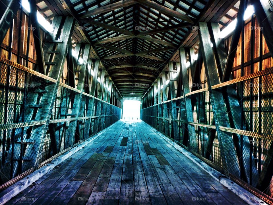 Inside and old covered bridge 