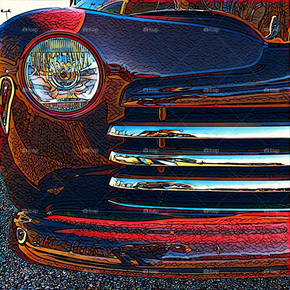 Classic car creative image, front end of a classic car, vintage car from end, grill of a classic car, up close with a classic vehicle 