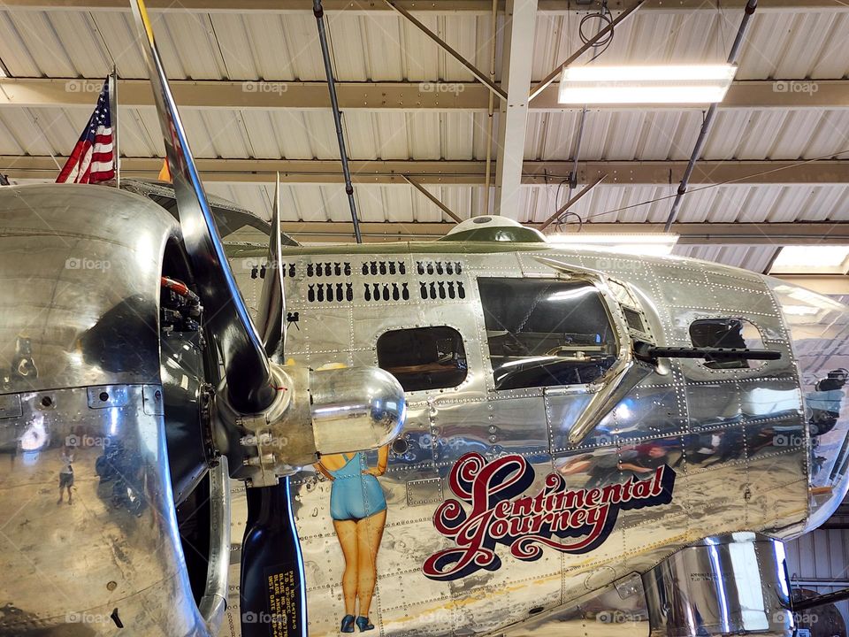 The beautiful Boeing B-17G bomber christened as Sentimental Journey sits in its hangar