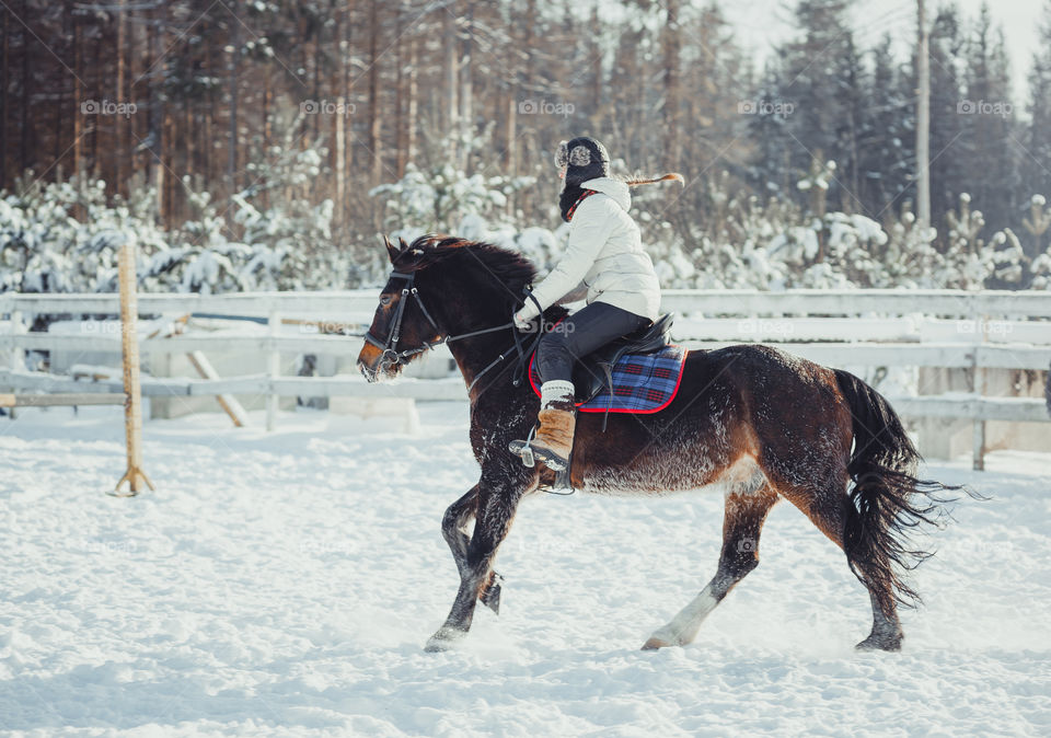 Teenage girl horseback jumping at cold winter day