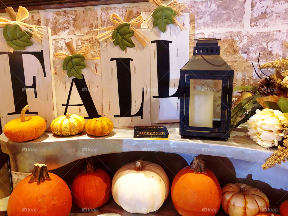 A beautiful Fall display with various colored pumpkins.