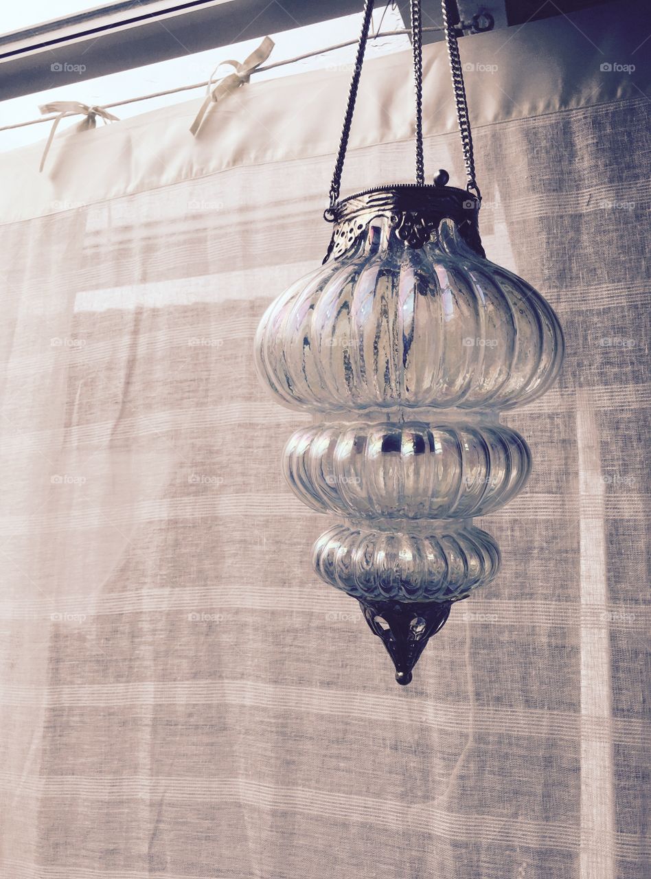 Hanging  Indian light blue glass lamp. 