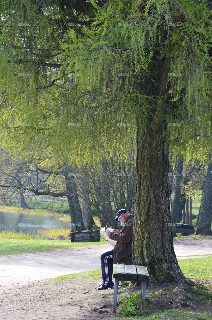 old man reading newspaper