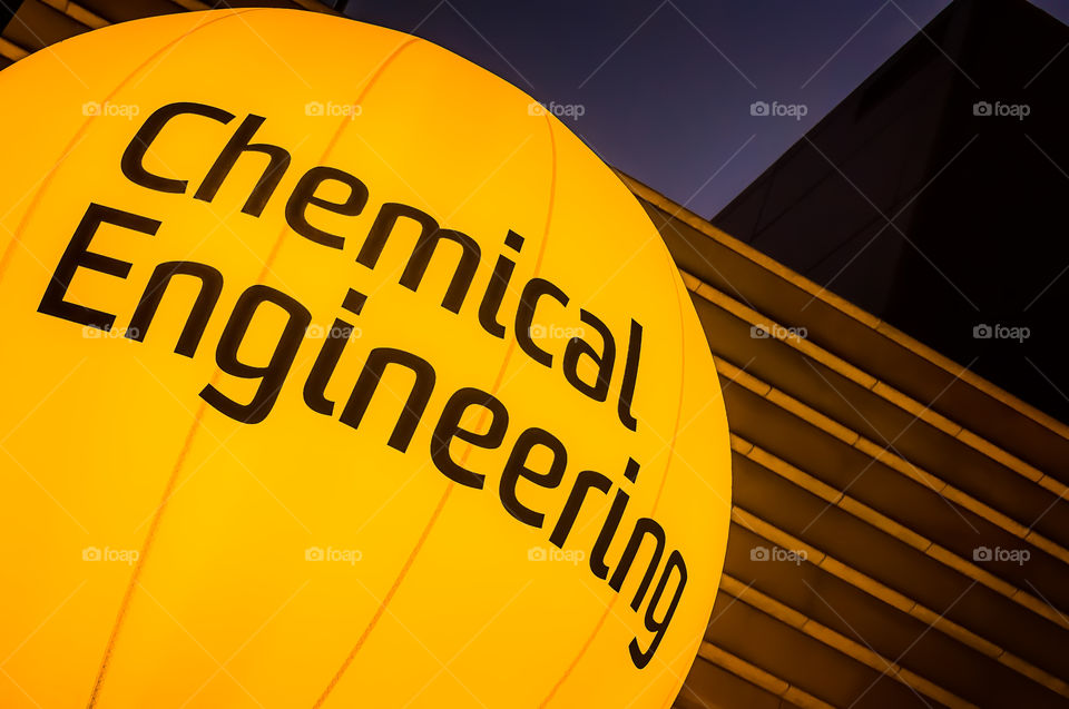 Chemical Engineering balloon with the words "Chemical Engineering" lit up in yellow lighting.