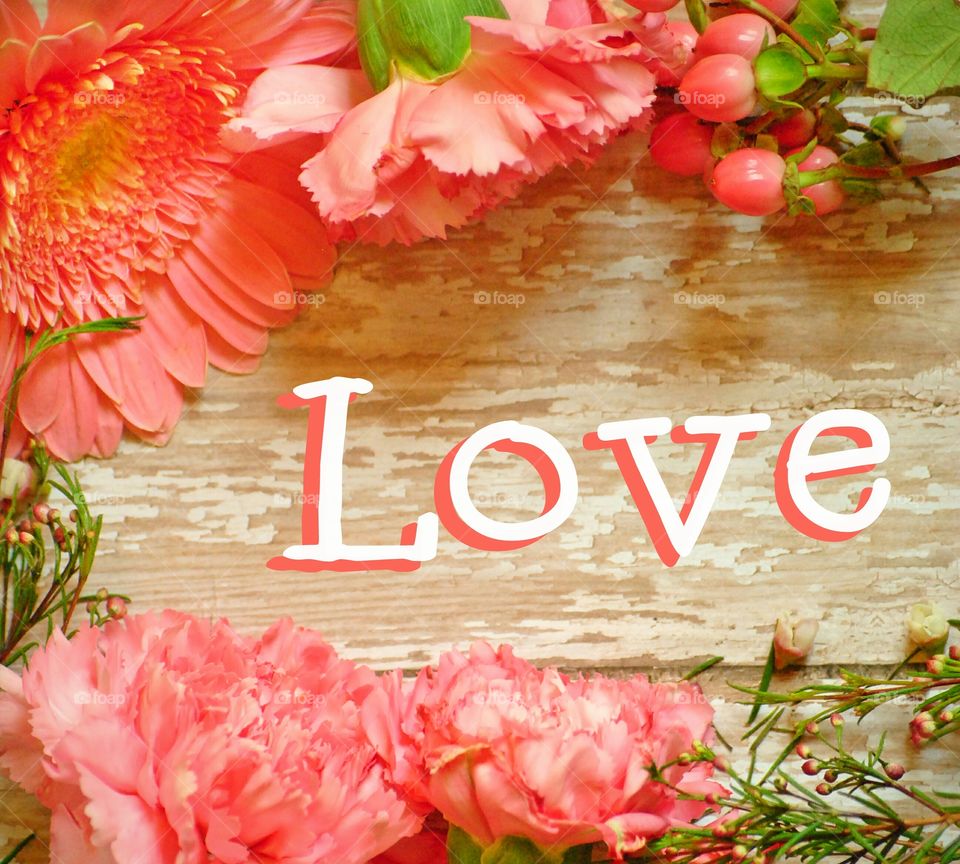 Love, floral border, spring border, flowers flat lay, wooden background, art, love of flowers, valentine's, pink