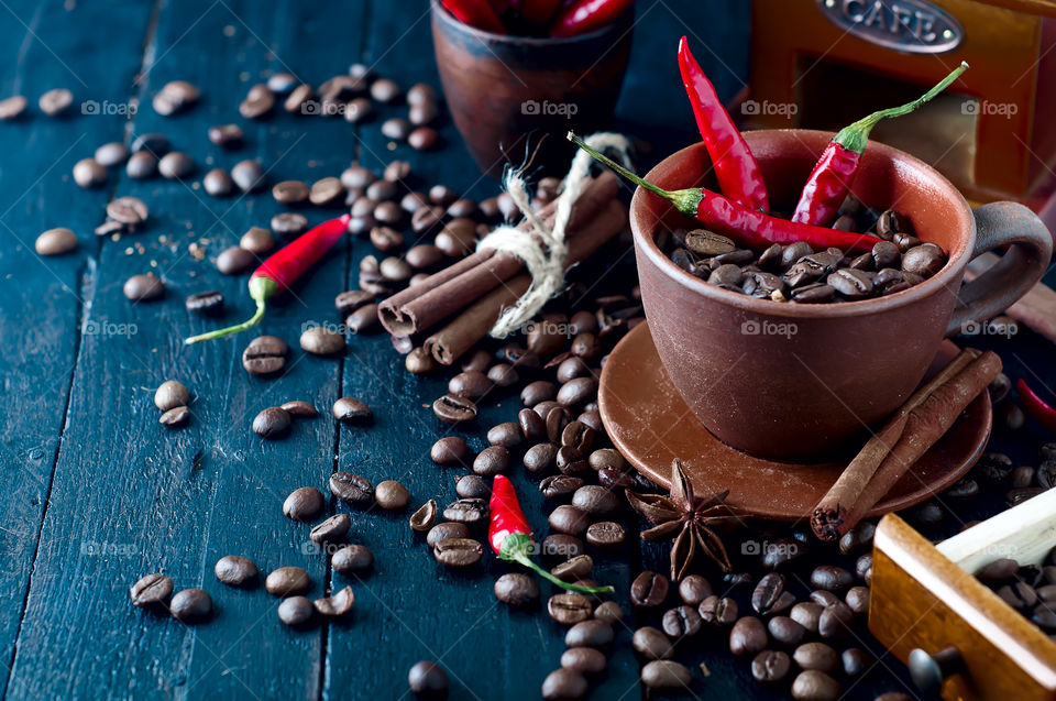 Coffee beans with chili Pepper  