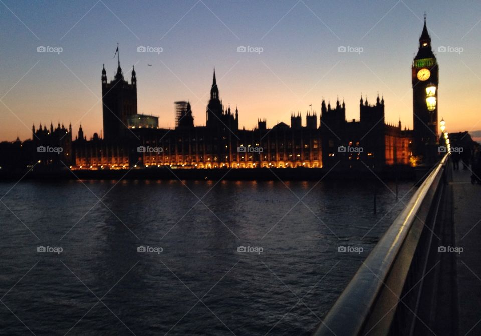 Twilight. View from Westminster bridge towards Houses of Parliament
