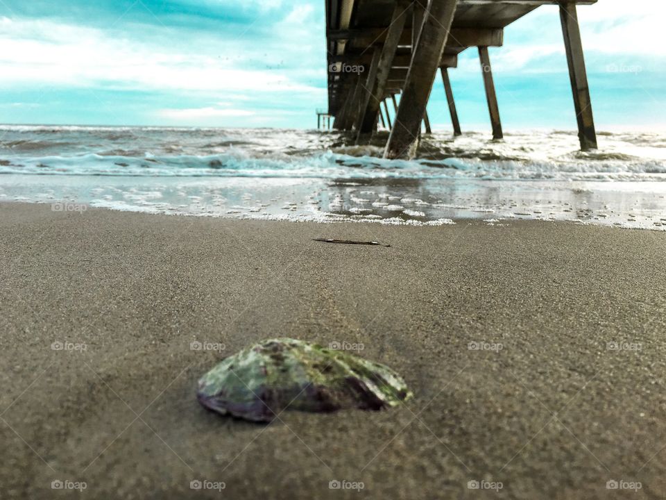 Lone colourful seashell on beach close to public wharf, 