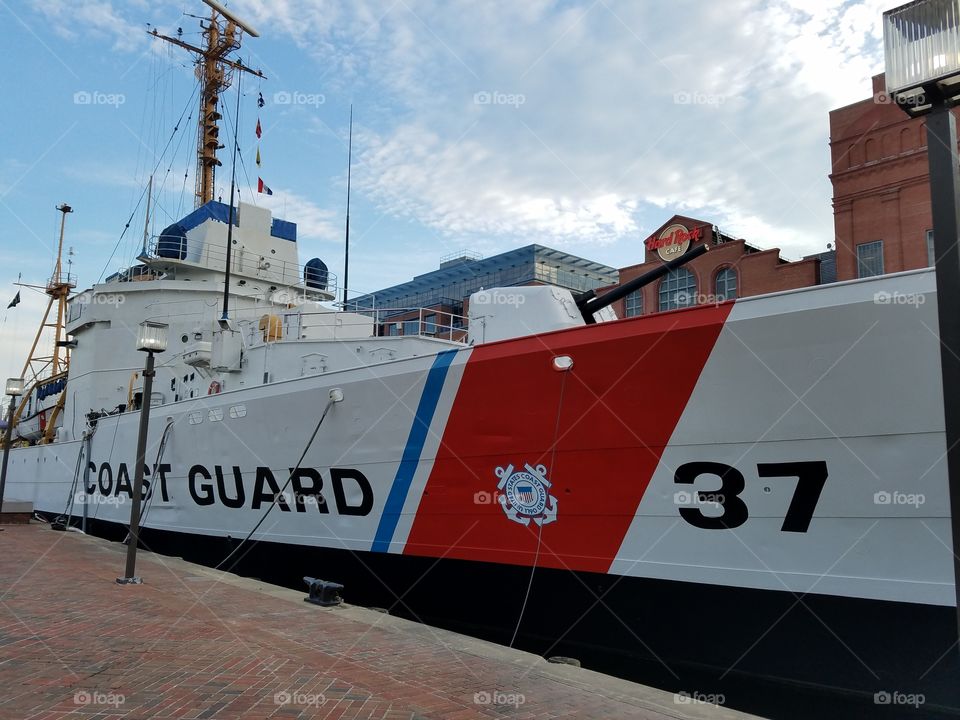 National coast guard ship docked in the harbor in Baltimore Maryland