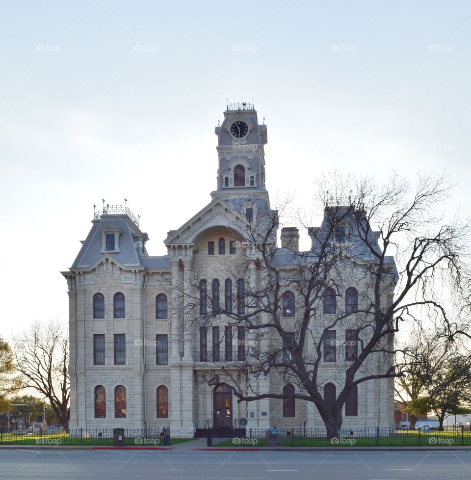 Classic revival style limestone courthouse in Hillsboro, Texas. 