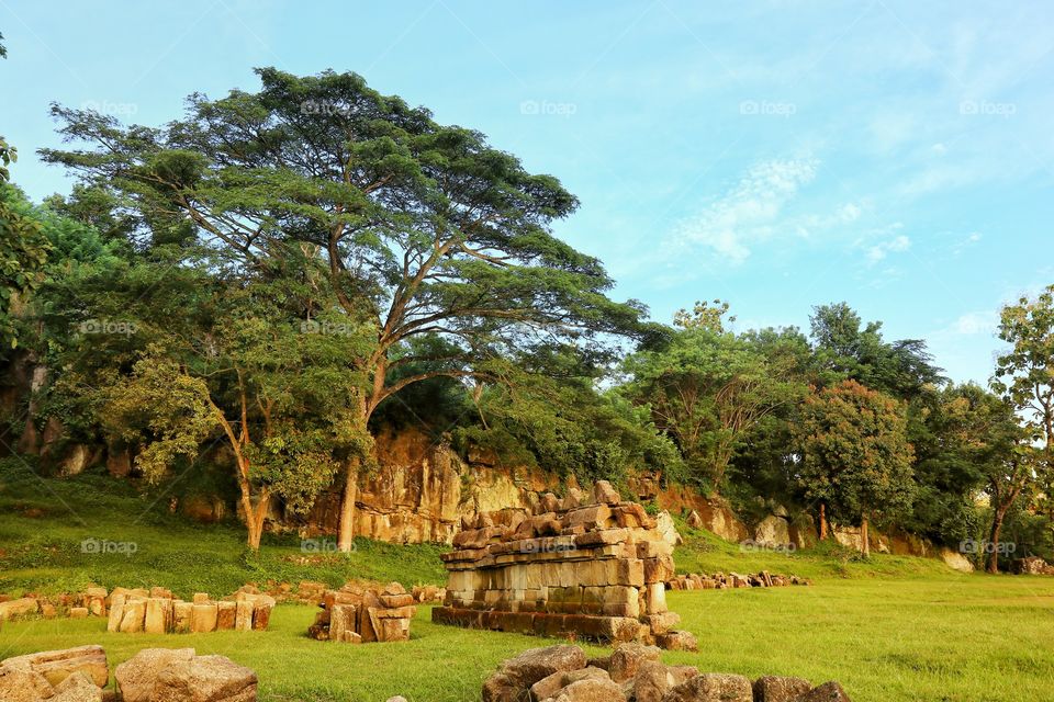 Scattered stones in the remains of ratu boko palace, an archaelogical site near Jogjakarta, Indonesia