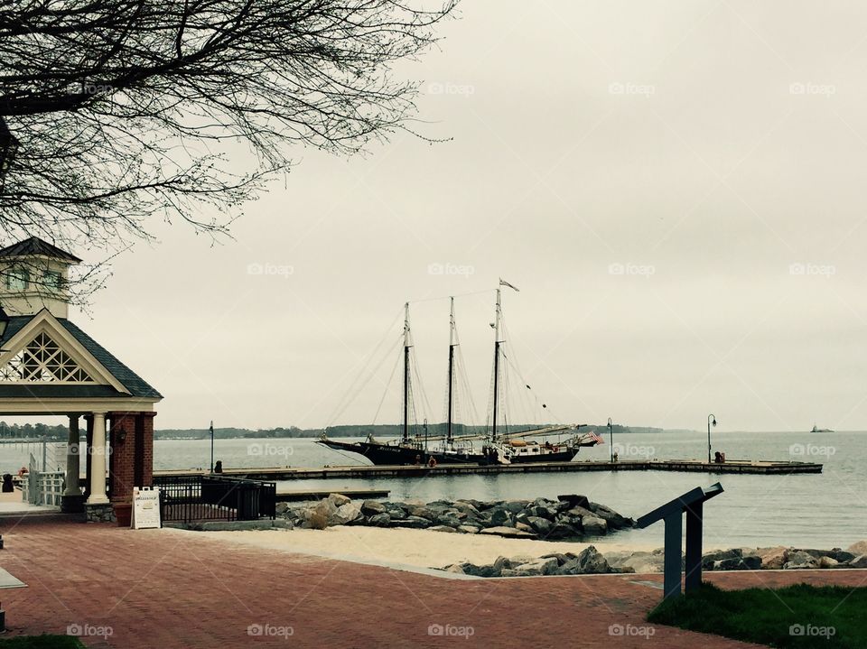 Yorktown waterfront. Historic Yorktown waterfront with schooner in background