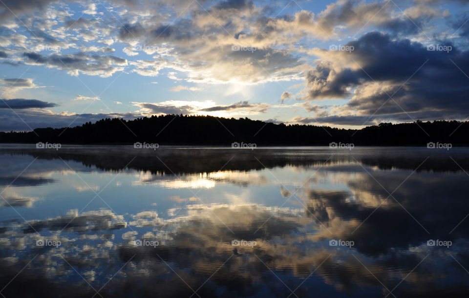 Silhouette of trees reflecting on lake