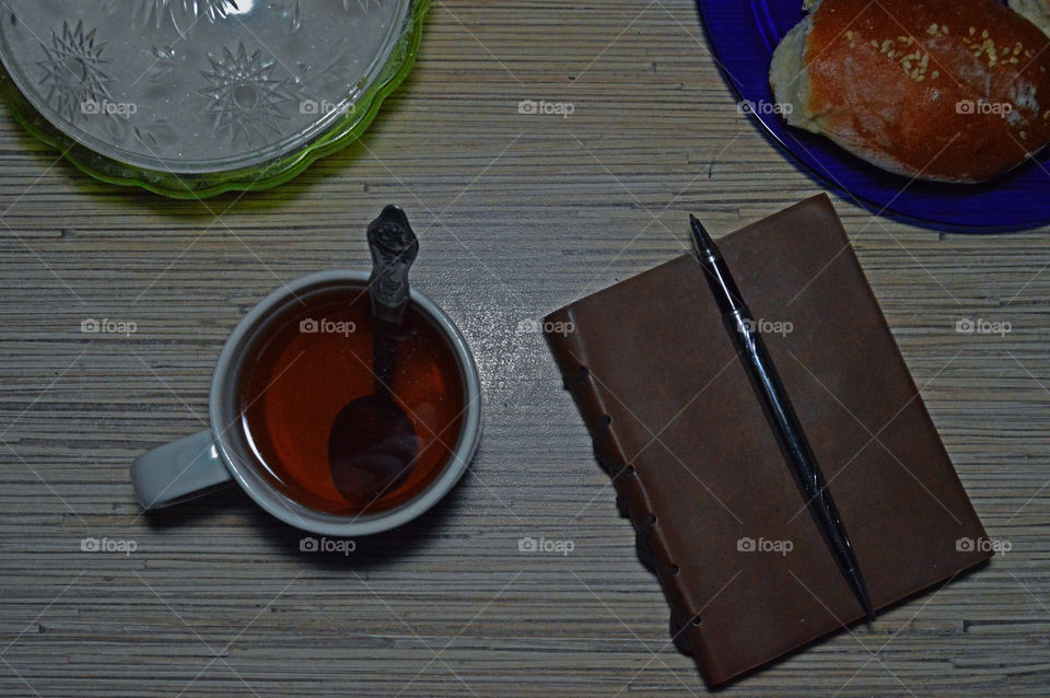 notebook, pen, coffee, perozhki, rolls, snack, sugar bowl, Kahar, tea,
