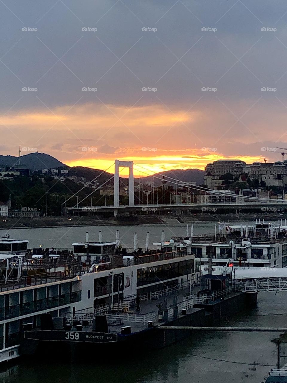 View of bridge at sunset in Budapest