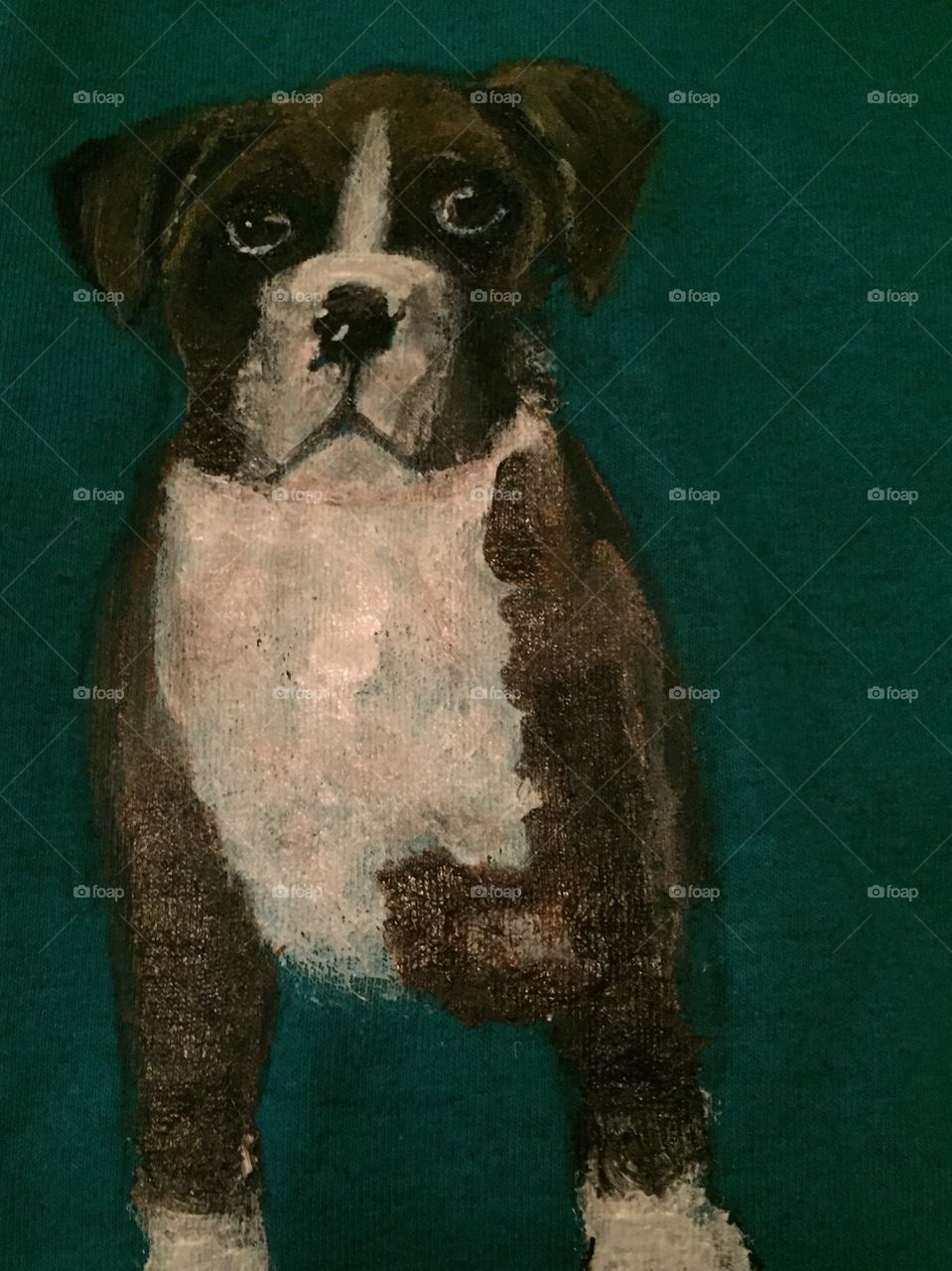 A painting of a pit bull, in brown and white. 
