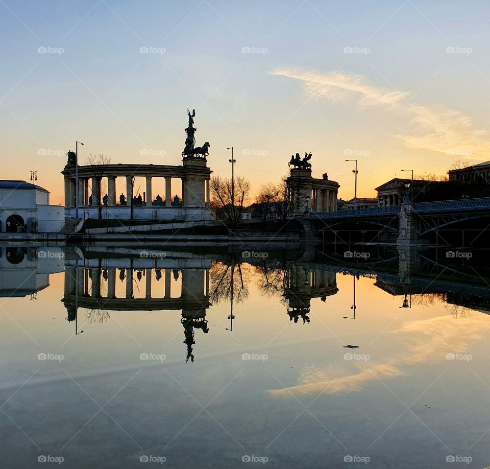 Heroes Square in Budapest. Summer evening with beautiful sunset.