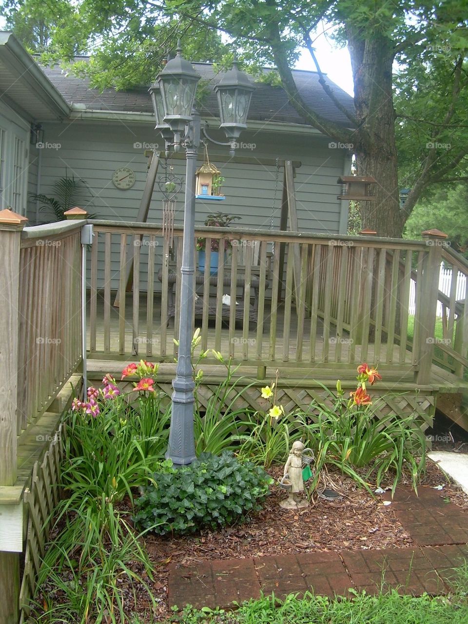 Daylily lamp post in garden