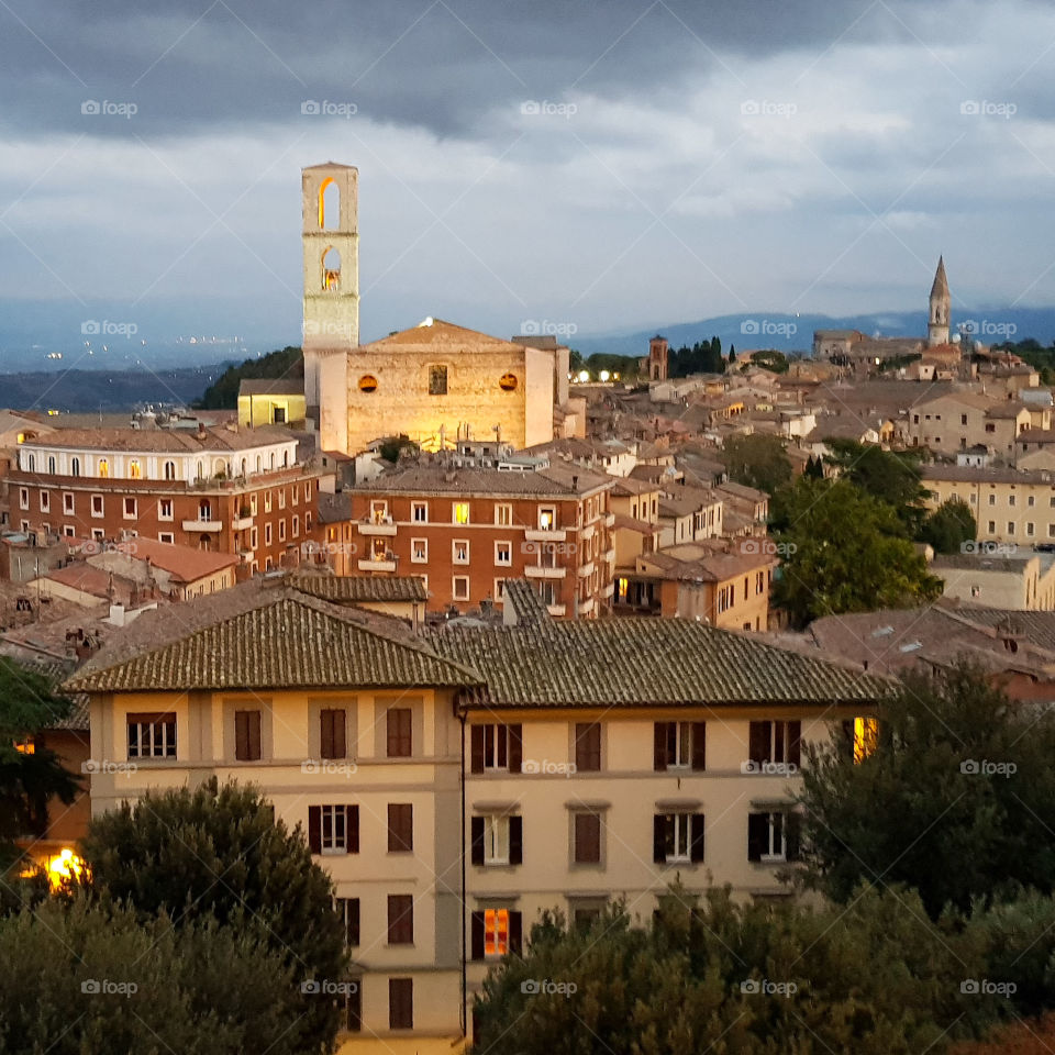 Late afternoon view over the hilltop Umbrian town of Perugia