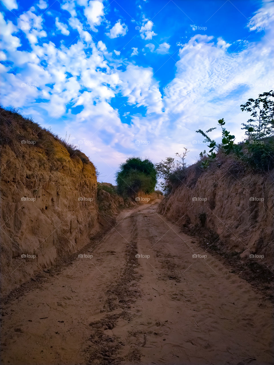 The beautiful path passes through the soil mound area against the backdrop of blue sky
