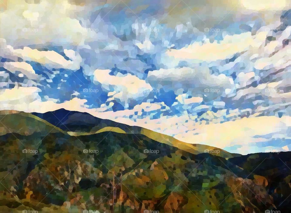 Watercolor mountains trees sky 