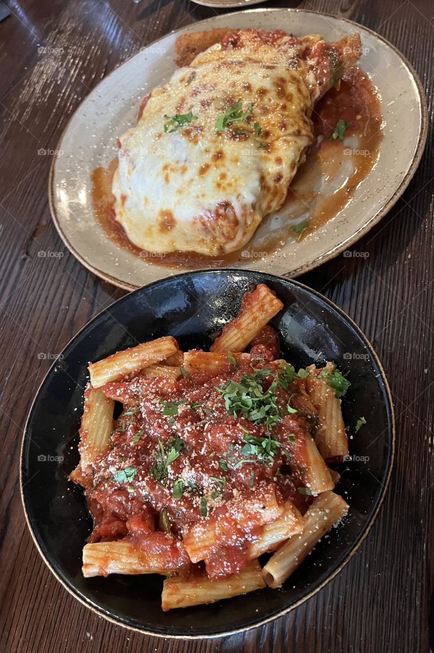 Chicken parmigiana and pasta 