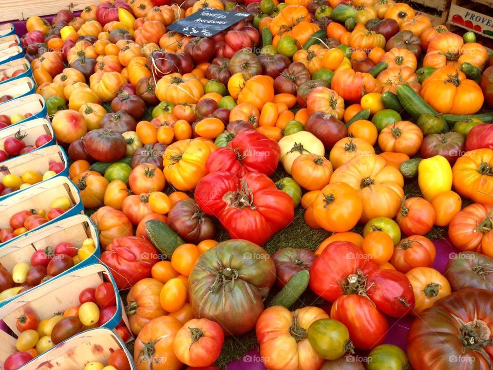 Assortment of tomatoes in market